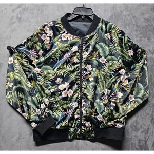 HM Reversible Bomber Jacket Black Tropical Floral Bird Print Satin Large L